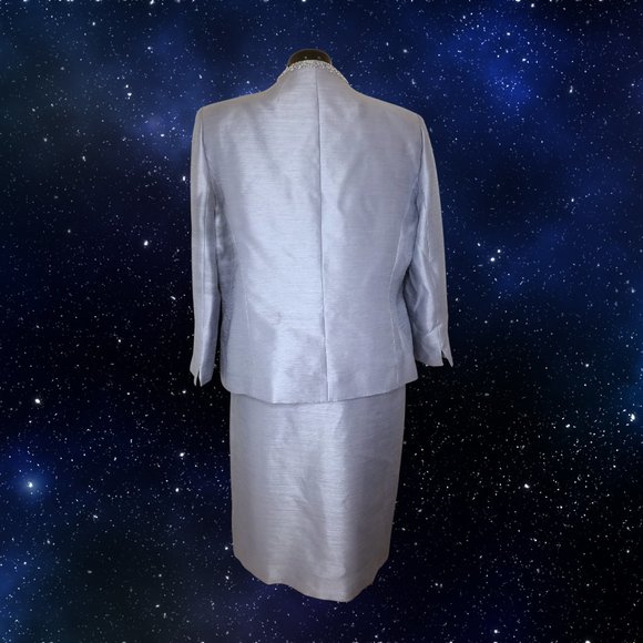 Vintage Silver Blue Pearl Kasper Suit Jacket Skirt Set Size 16 - Picture 2 of 5